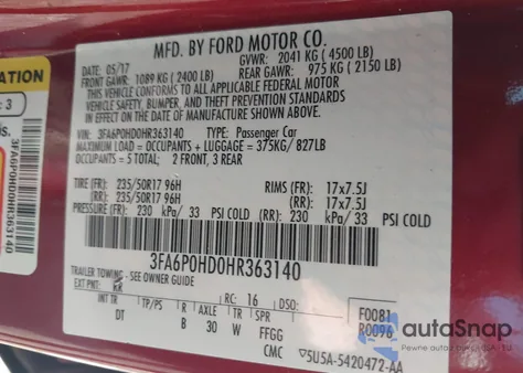 2017 Ford Fusion Se from USA, damaged, VIN 3FA6P0HD0HR363140